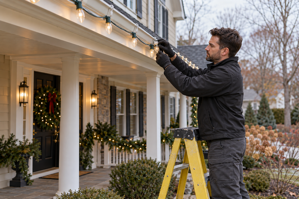 Elegant holiday lighting on upscale residential home