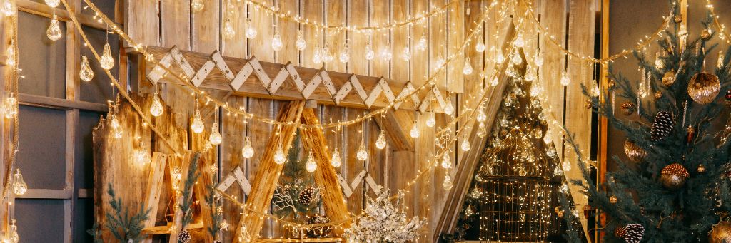Rustic holiday light display with Edison bulbs